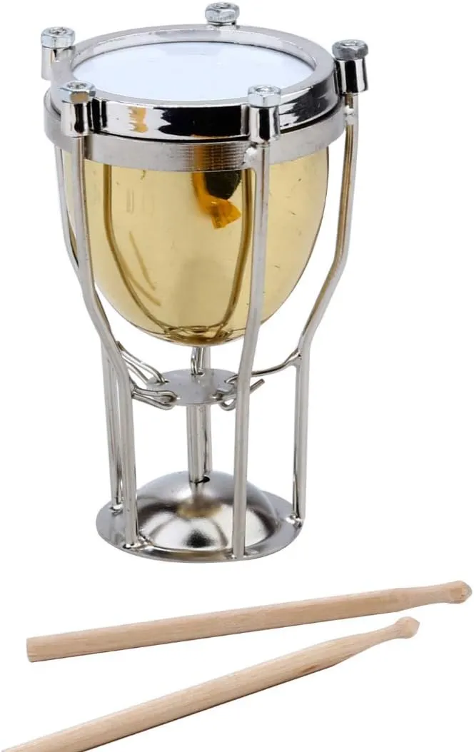 Miniature Timpani with Stand and Case Brass Mini Musical Instrument Replica Collectible Figurines Dollhouse Accessories Model Home Decorations Display Ornaments (2.56"x1.57" Timpani)