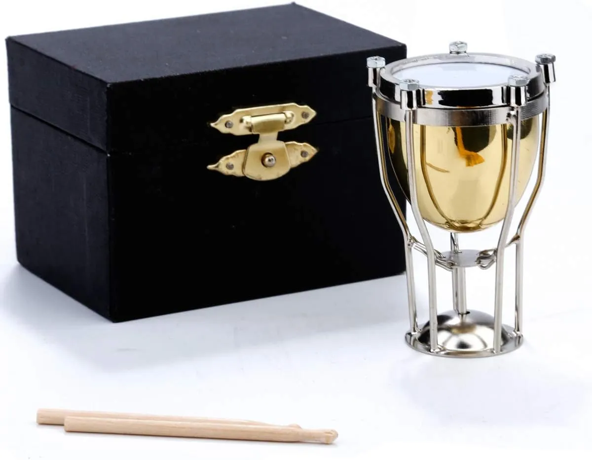 Miniature Timpani with Stand and Case Brass Mini Musical Instrument Replica Collectible Figurines Dollhouse Accessories Model Home Decorations Display Ornaments (2.56"x1.57" Timpani)