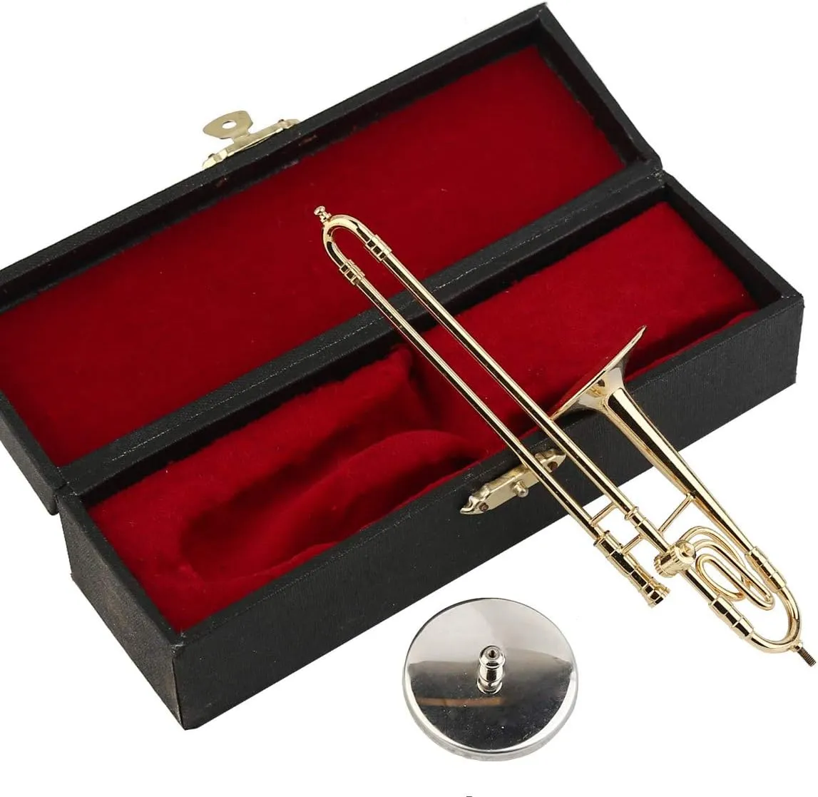 Miniature Trombone with Stand and Case Brass Mini Musical Instrument Replica Collectible Figurines Dollhouse Accessories Model Home Decorations Display Ornaments (5.91"x1.25" Trombone)