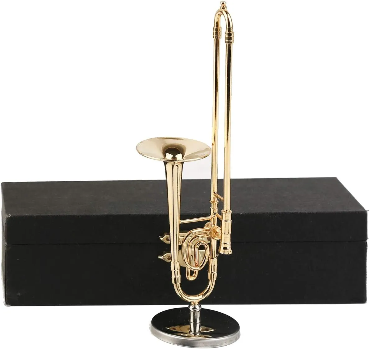 Miniature Trombone with Stand and Case Brass Mini Musical Instrument Replica Collectible Figurines Dollhouse Accessories Model Home Decorations Display Ornaments (5.91"x1.25" Trombone)