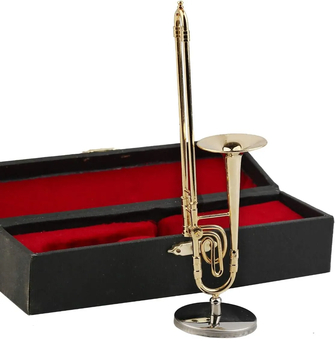 Miniature Trombone with Stand and Case Brass Mini Musical Instrument Replica Collectible Figurines Dollhouse Accessories Model Home Decorations Display Ornaments (5.91"x1.25" Trombone)