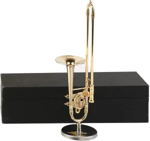Miniature Trombone with Stand and Case Brass Mini Musical Instrument Replica Collectible Figurines Dollhouse Accessories Model Home Decorations Display Ornaments (5.91"x1.25" Trombone)