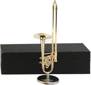 Miniature Trombone with Stand and Case Brass Mini Musical Instrument Trombone Replica Collectible Figurines Dollhouse Accessories Model Home Decoration Display Ornament (5.91"x1.30")