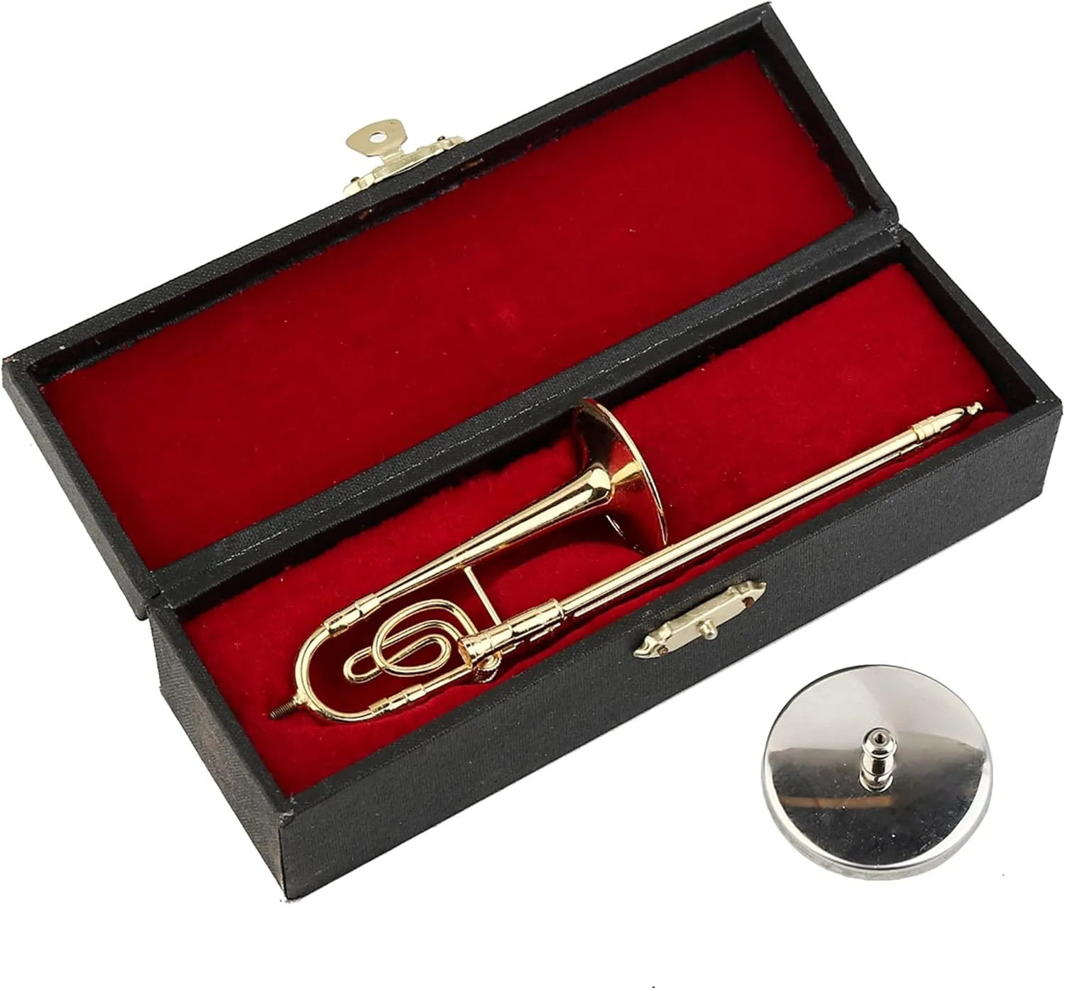 Miniature Trombone with Stand and Case Brass Mini Musical Instrument Trombone Replica Collectible Figurines Dollhouse Accessories Model Home Decoration Display Ornament (5.91"x1.30")