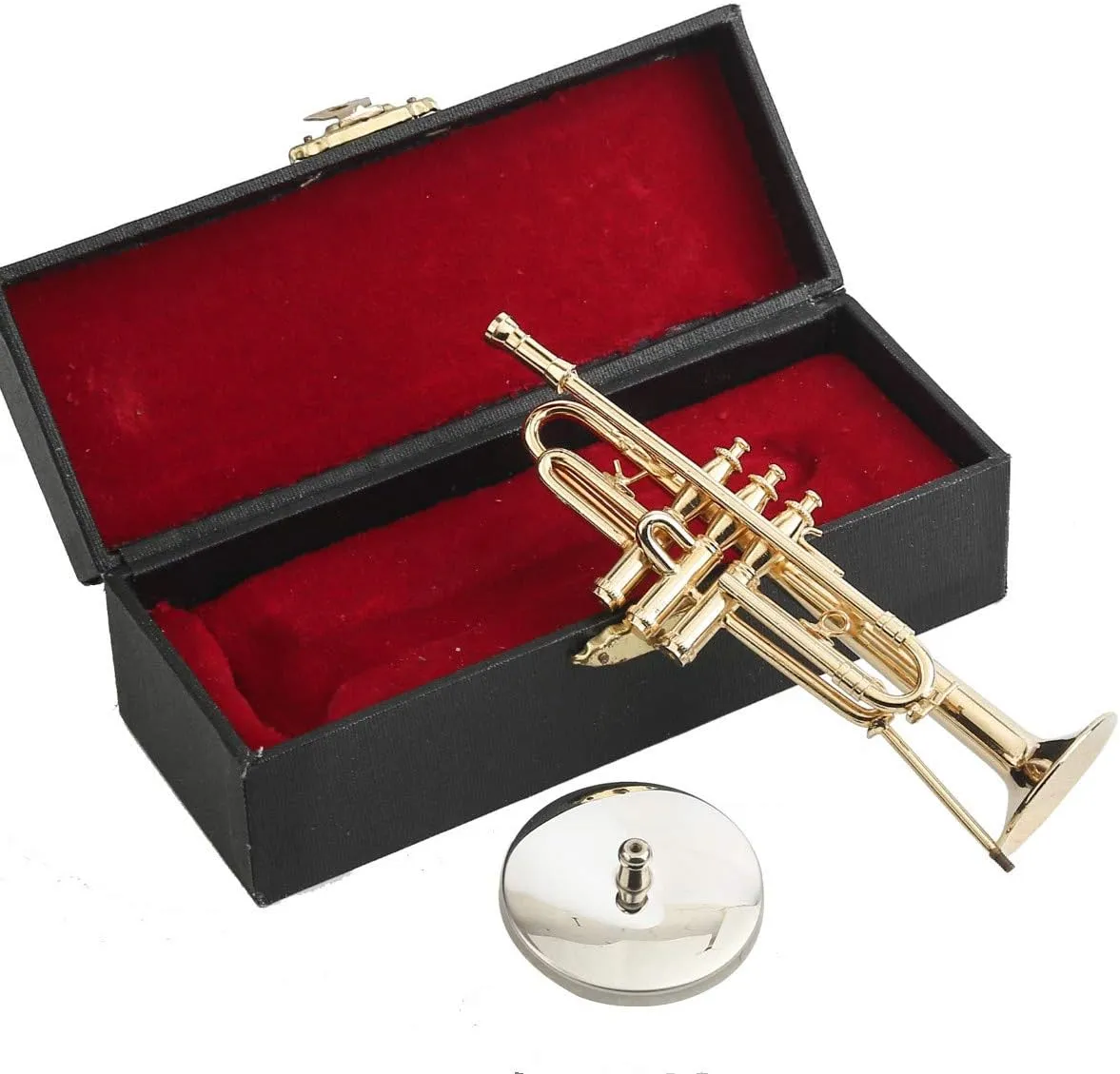 Miniature Trumpet with Stand and Case Brass Mini Musical Instrument Replica Collectible Figurines Dollhouse Accessories Model Home Decorations Display Ornaments (4.65"x1.18" Trumpet)