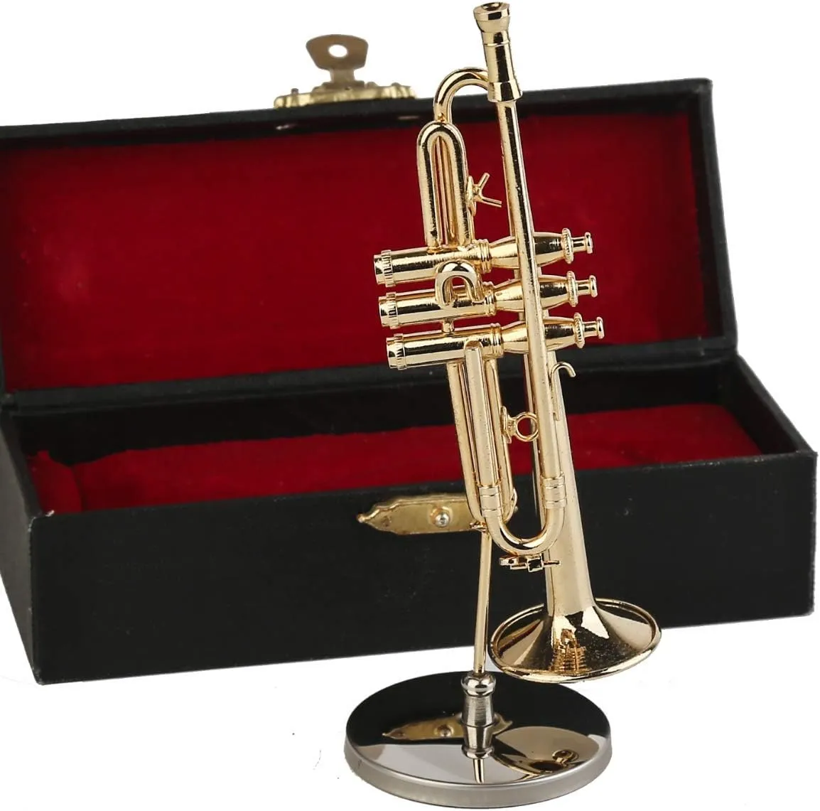 Miniature Trumpet with Stand and Case Brass Mini Musical Instrument Replica Collectible Figurines Dollhouse Accessories Model Home Decorations Display Ornaments (4.65"x1.18" Trumpet)