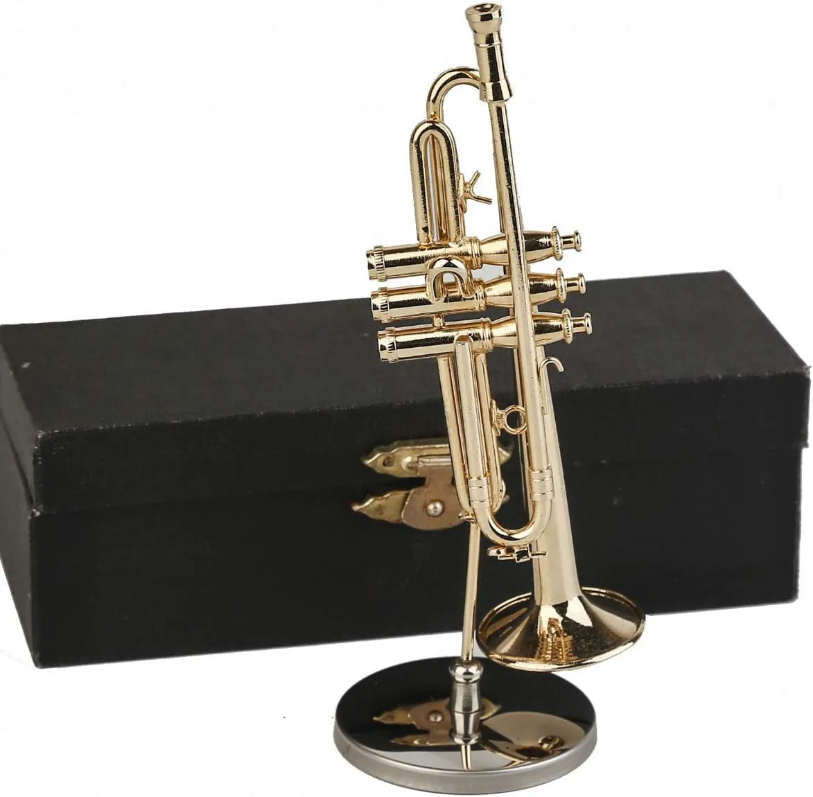 Miniature Trumpet with Stand and Case Brass Mini Musical Instrument Replica Collectible Figurines Dollhouse Accessories Model Home Decorations Display Ornaments (4.65"x1.18" Trumpet)