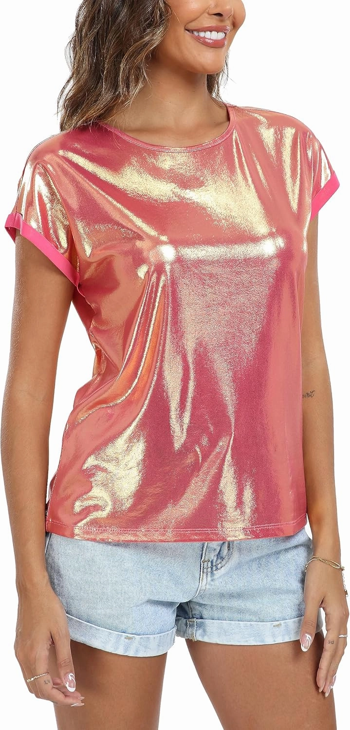 MISS MOLY Women's Metallic Tops Short Sleeve Crewneck Holographic Shiny Tees Glitter Sparkle Shirt for Party Club Concert
