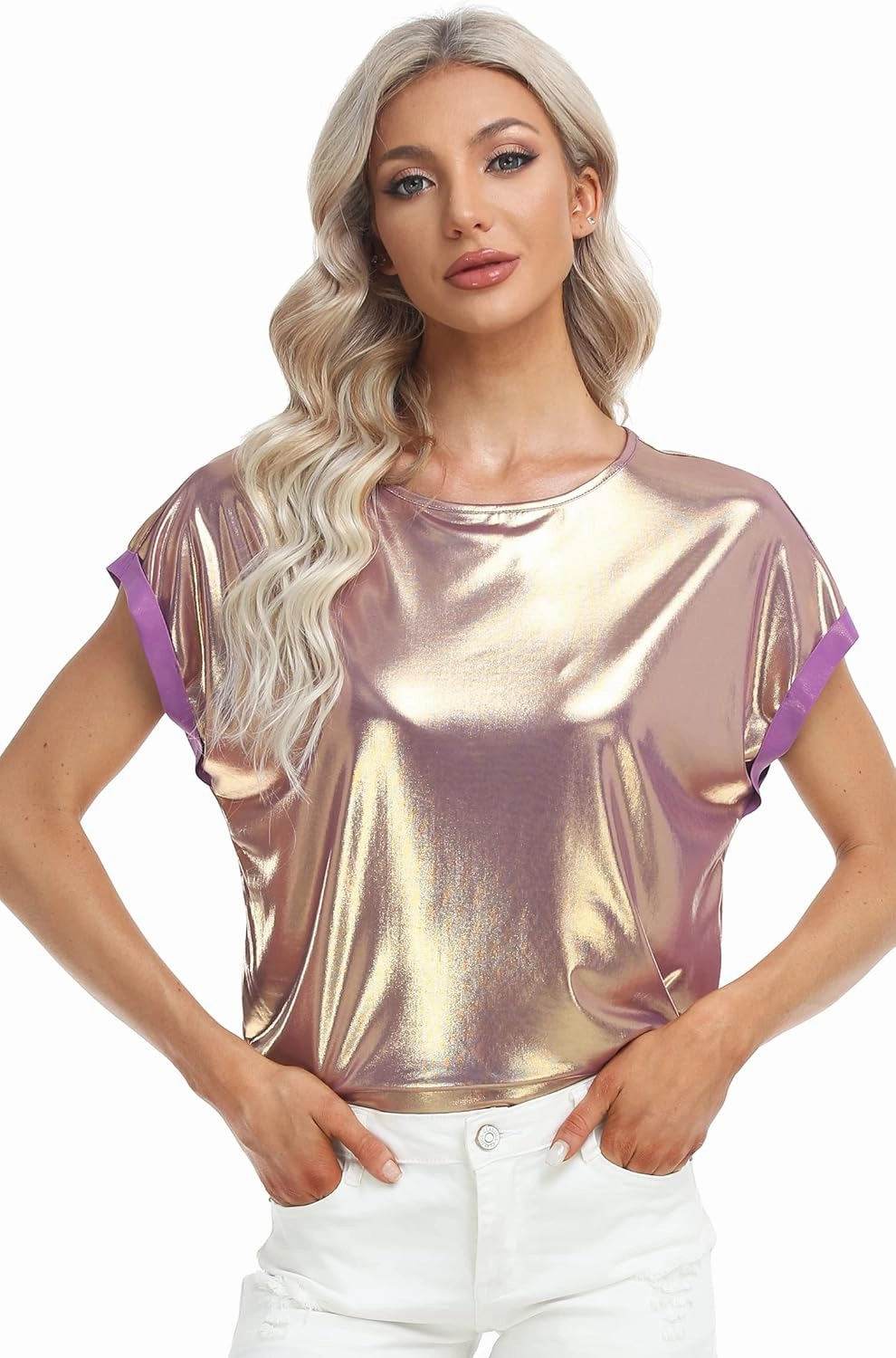 MISS MOLY Women's Metallic Tops Short Sleeve Crewneck Holographic Shiny Tees Glitter Sparkle Shirt for Party Club Concert