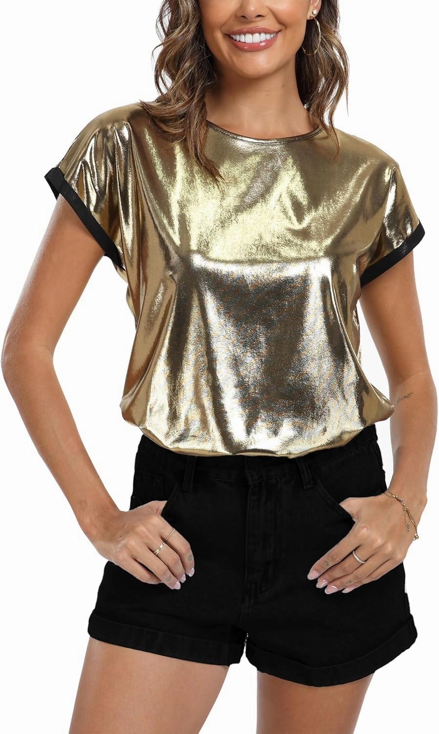 MISS MOLY Women's Metallic Tops Short Sleeve Crewneck Holographic Shiny Tees Glitter Sparkle Shirt for Party Club Concert
