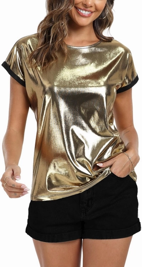 MISS MOLY Women's Metallic Tops Short Sleeve Crewneck Holographic Shiny Tees Glitter Sparkle Shirt for Party Club Concert