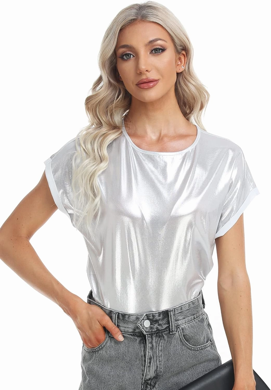 MISS MOLY Women's Metallic Tops Short Sleeve Crewneck Holographic Shiny Tees Glitter Sparkle Shirt for Party Club Concert
