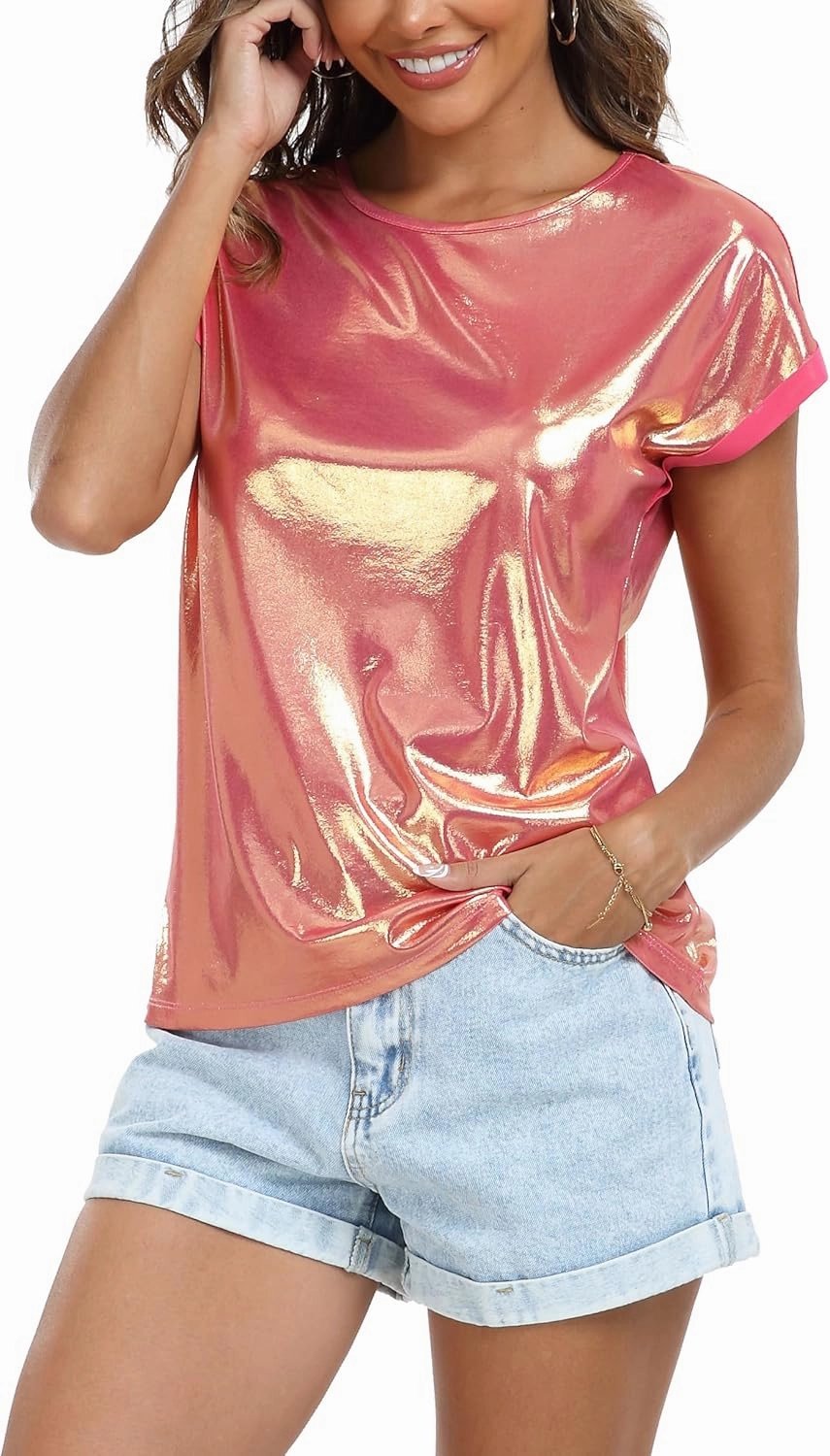 MISS MOLY Women's Metallic Tops Short Sleeve Crewneck Holographic Shiny Tees Glitter Sparkle Shirt for Party Club Concert