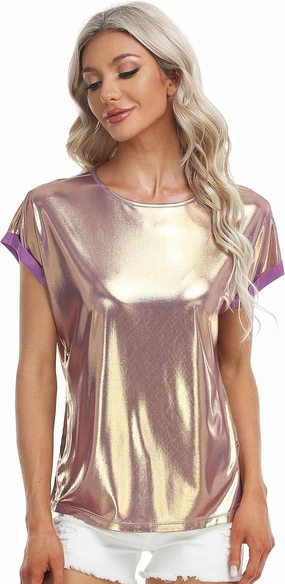 MISS MOLY Women's Metallic Tops Short Sleeve Crewneck Holographic Shiny Tees Glitter Sparkle Shirt for Party Club Concert