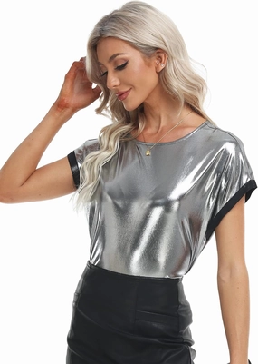 MISS MOLY Women's Metallic Tops Short Sleeve Crewneck Holographic Shiny Tees Glitter Sparkle Shirt for Party Club Concert