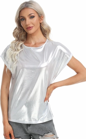 MISS MOLY Women's Metallic Tops Short Sleeve Crewneck Holographic Shiny Tees Glitter Sparkle Shirt for Party Club Concert