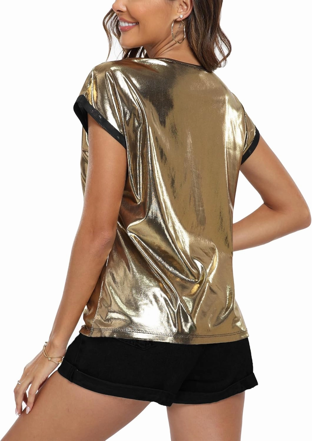 MISS MOLY Women's Metallic Tops Short Sleeve Crewneck Holographic Shiny Tees Glitter Sparkle Shirt for Party Club Concert