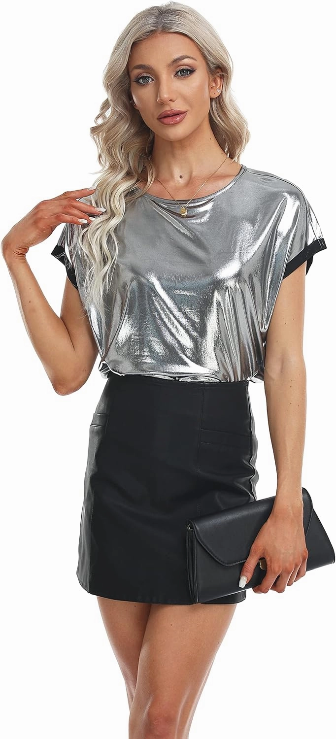 MISS MOLY Women's Metallic Tops Short Sleeve Crewneck Holographic Shiny Tees Glitter Sparkle Shirt for Party Club Concert