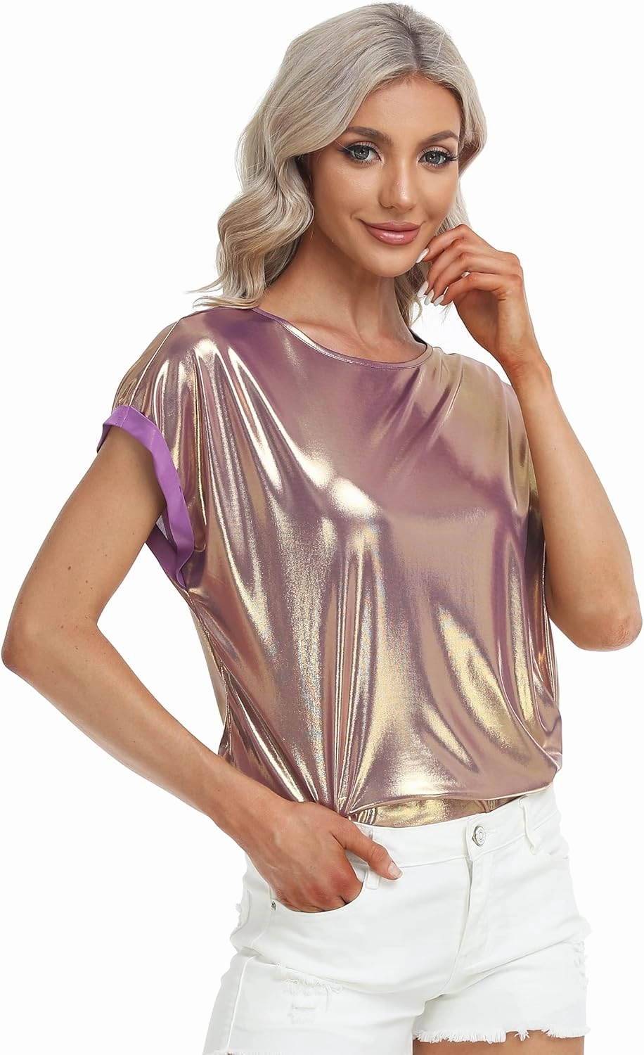 MISS MOLY Women's Metallic Tops Short Sleeve Crewneck Holographic Shiny Tees Glitter Sparkle Shirt for Party Club Concert