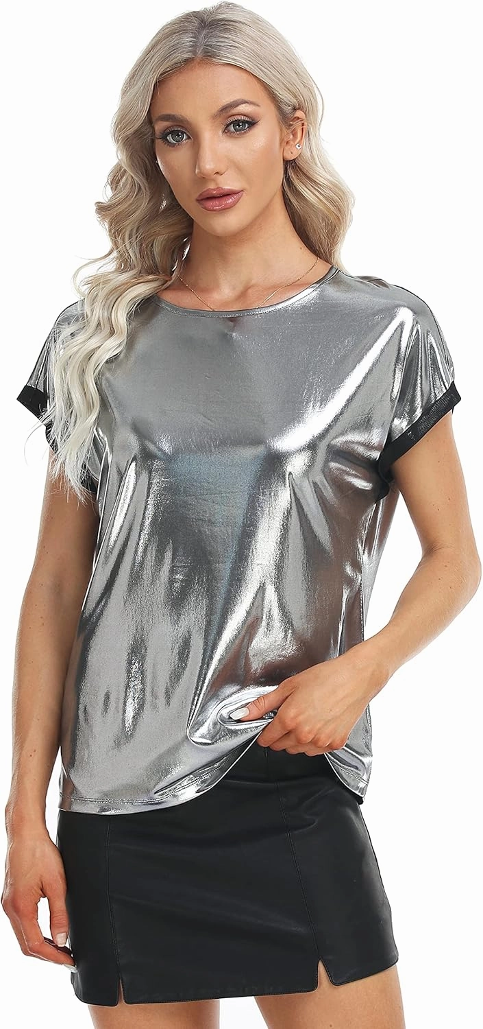 MISS MOLY Women's Metallic Tops Short Sleeve Crewneck Holographic Shiny Tees Glitter Sparkle Shirt for Party Club Concert