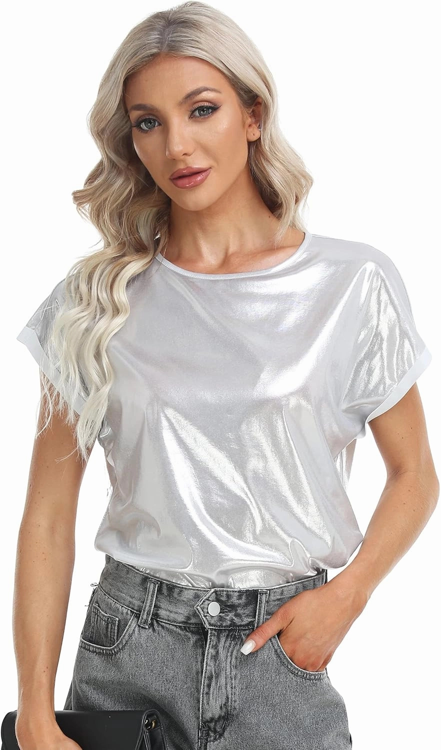 MISS MOLY Women's Metallic Tops Short Sleeve Crewneck Holographic Shiny Tees Glitter Sparkle Shirt for Party Club Concert