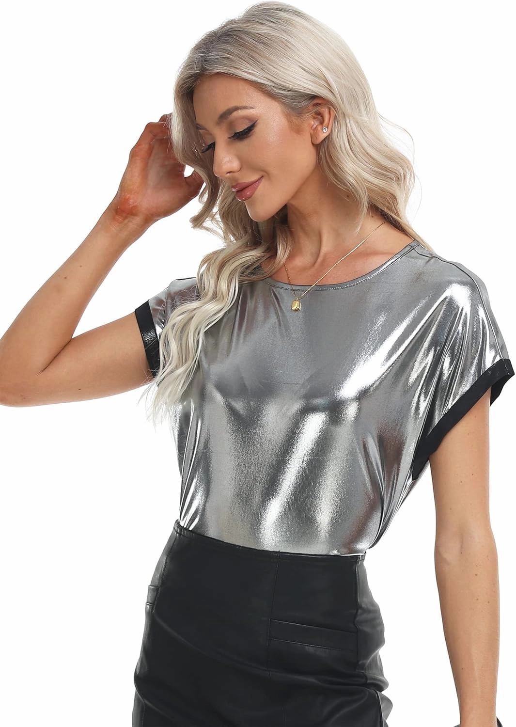MISS MOLY Women's Metallic Tops Short Sleeve Crewneck Holographic Shiny Tees Glitter Sparkle Shirt for Party Club Concert
