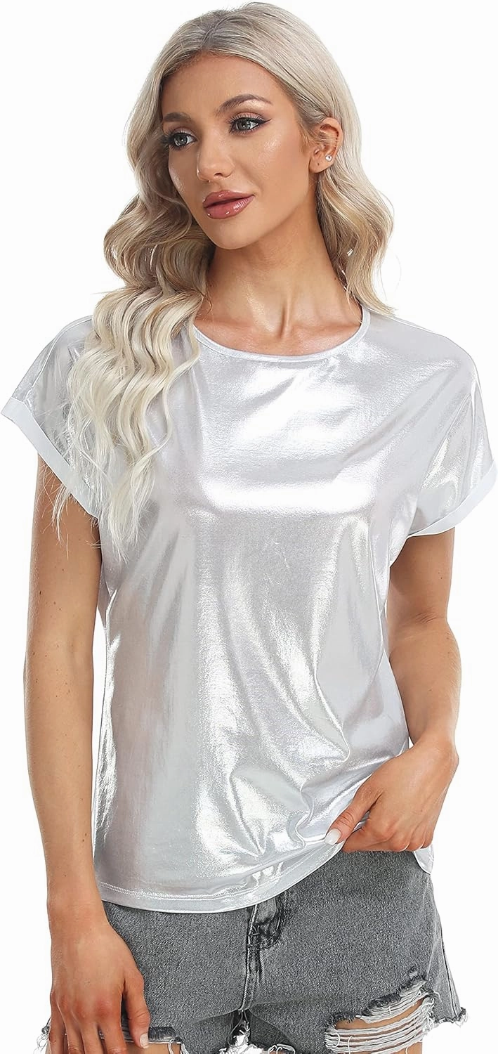 MISS MOLY Women's Metallic Tops Short Sleeve Crewneck Holographic Shiny Tees Glitter Sparkle Shirt for Party Club Concert