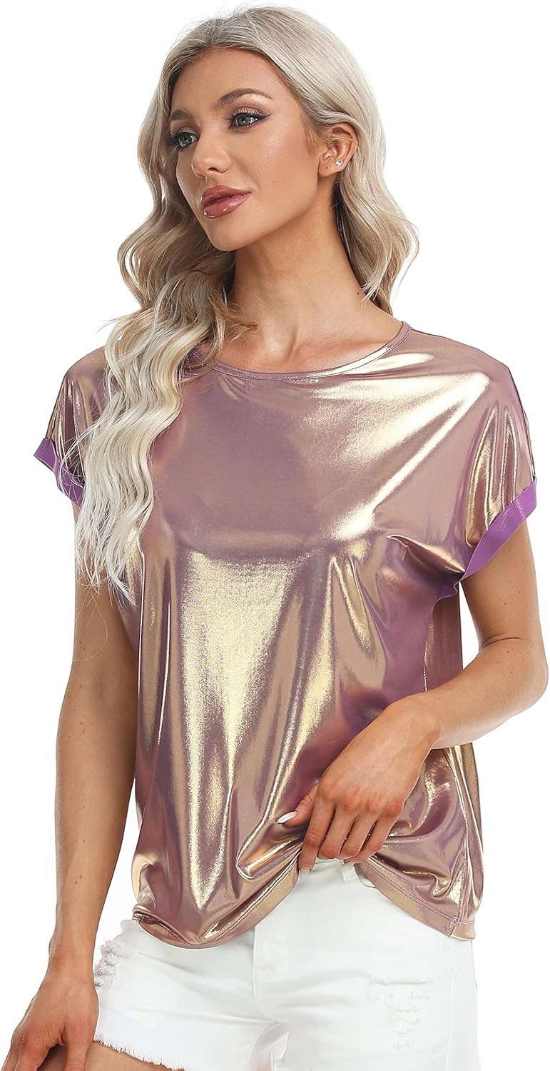 MISS MOLY Women's Metallic Tops Short Sleeve Crewneck Holographic Shiny Tees Glitter Sparkle Shirt for Party Club Concert