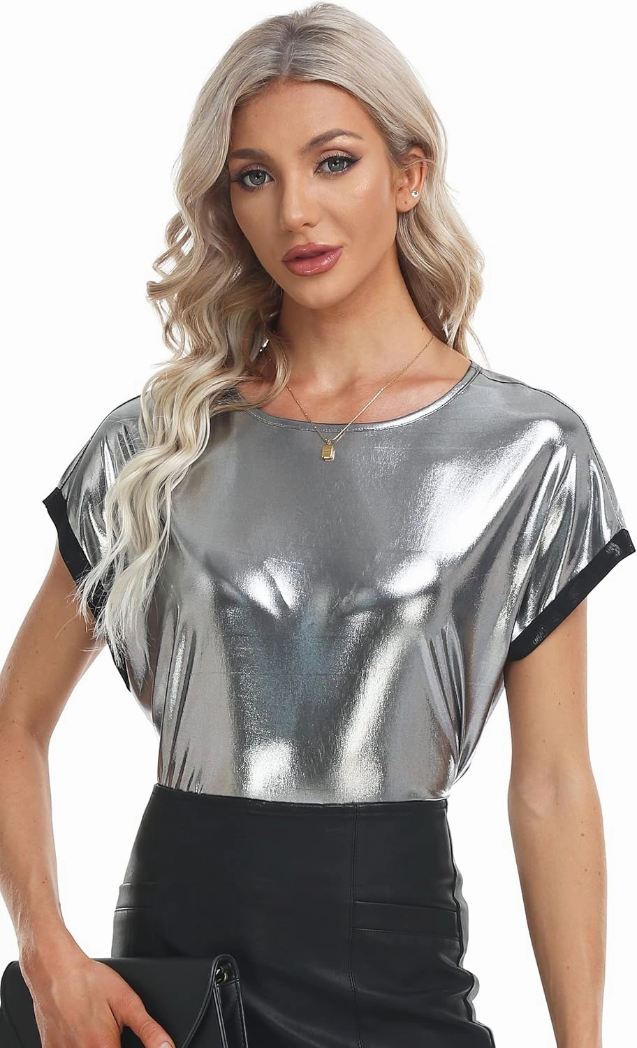 MISS MOLY Women's Metallic Tops Short Sleeve Crewneck Holographic Shiny Tees Glitter Sparkle Shirt for Party Club Concert