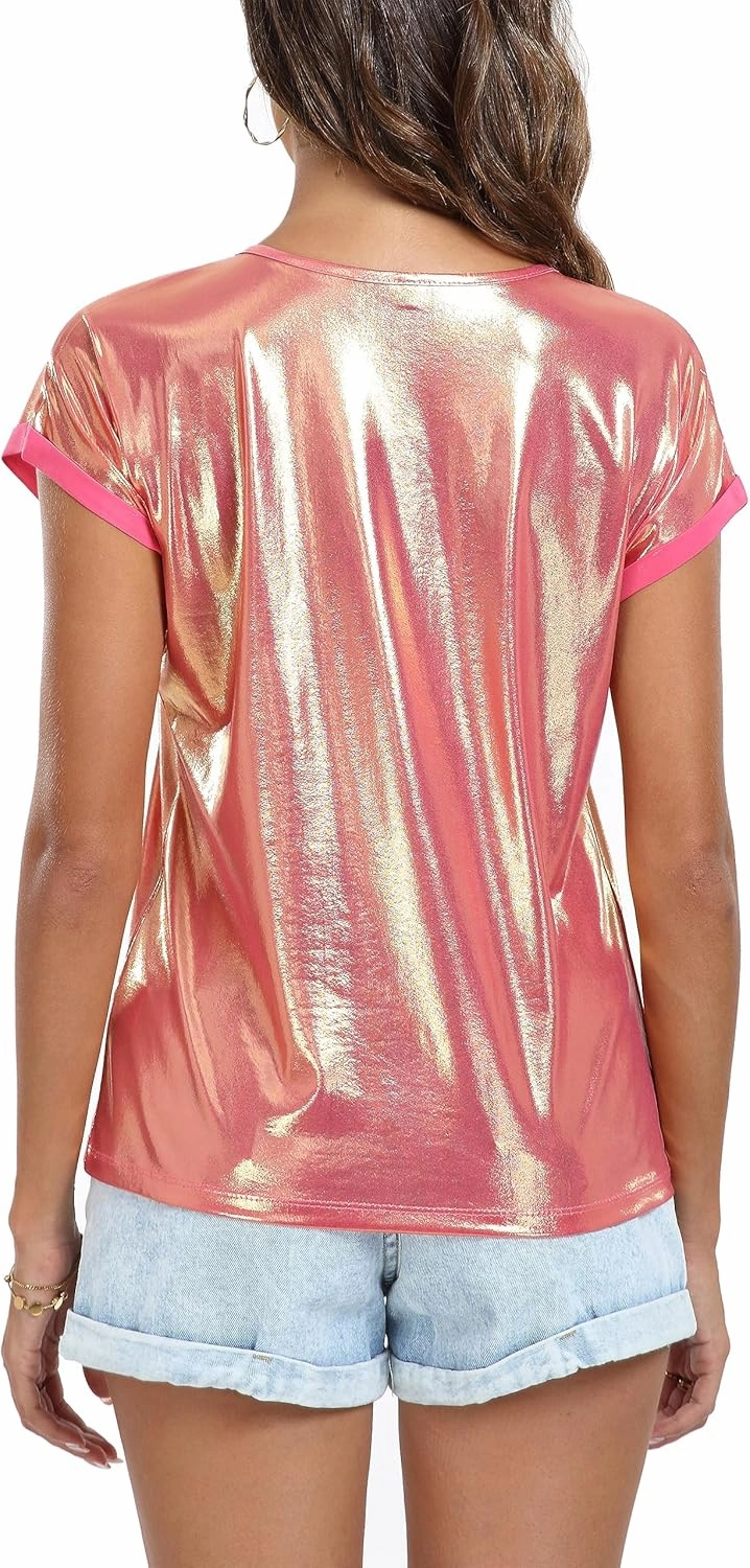 MISS MOLY Women's Metallic Tops Short Sleeve Crewneck Holographic Shiny Tees Glitter Sparkle Shirt for Party Club Concert