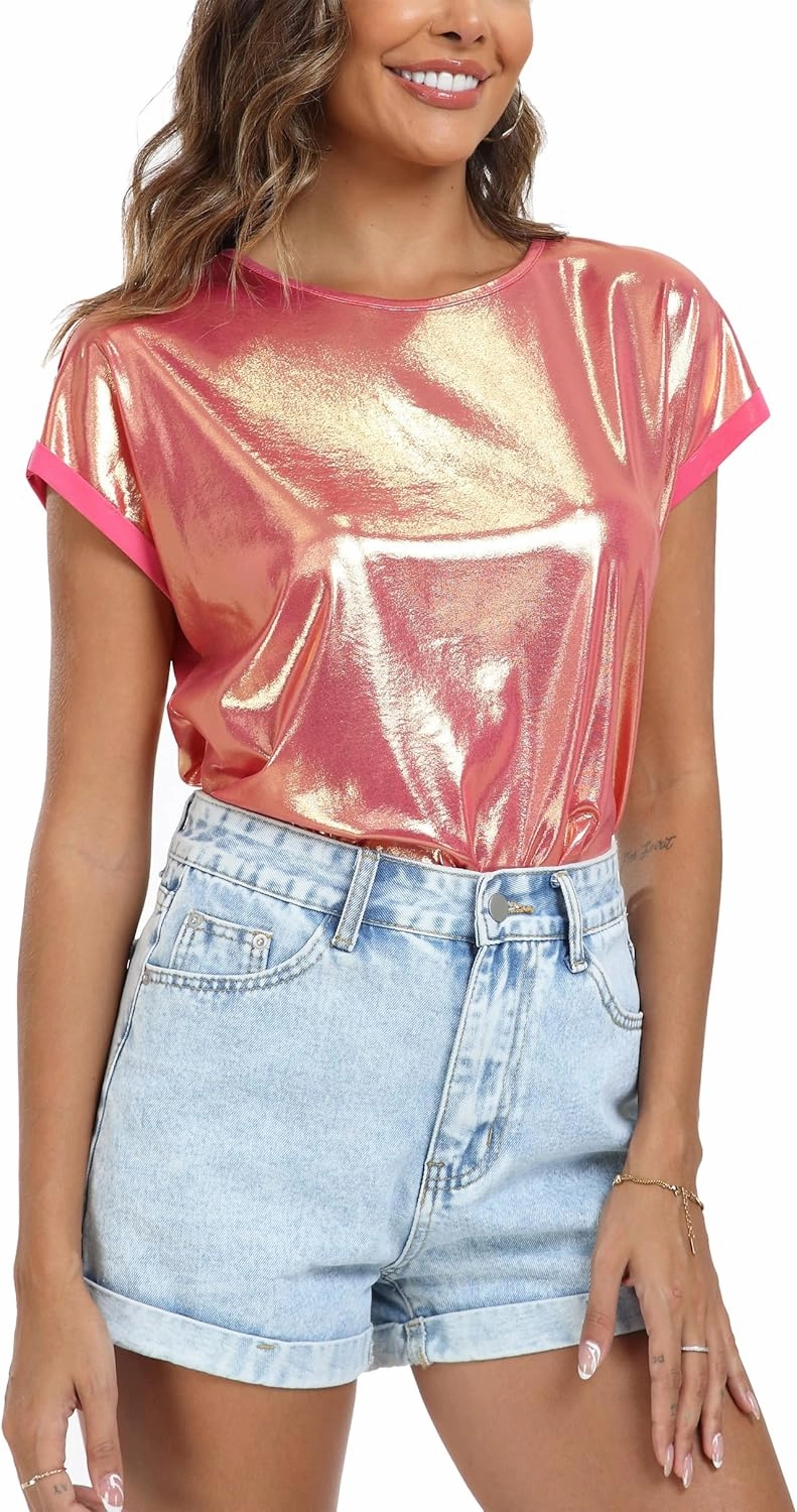 MISS MOLY Women's Metallic Tops Short Sleeve Crewneck Holographic Shiny Tees Glitter Sparkle Shirt for Party Club Concert