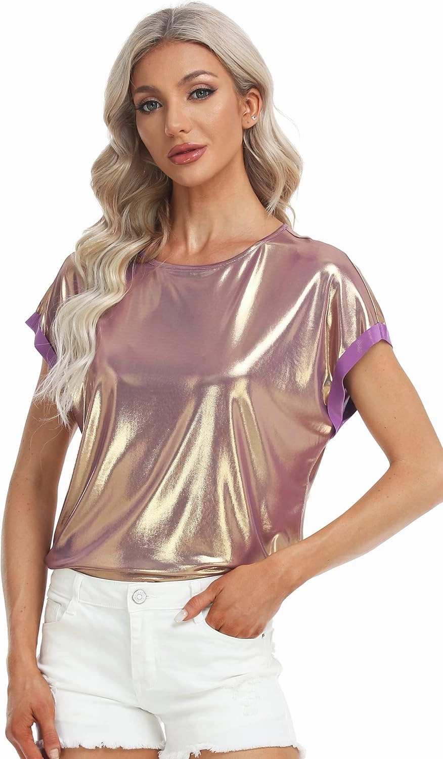 MISS MOLY Women's Metallic Tops Short Sleeve Crewneck Holographic Shiny Tees Glitter Sparkle Shirt for Party Club Concert