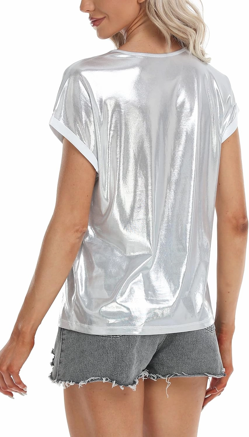 MISS MOLY Women's Metallic Tops Short Sleeve Crewneck Holographic Shiny Tees Glitter Sparkle Shirt for Party Club Concert