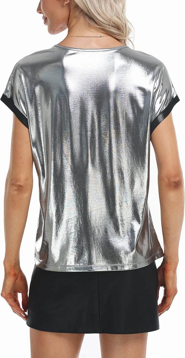 MISS MOLY Women's Metallic Tops Short Sleeve Crewneck Holographic Shiny Tees Glitter Sparkle Shirt for Party Club Concert