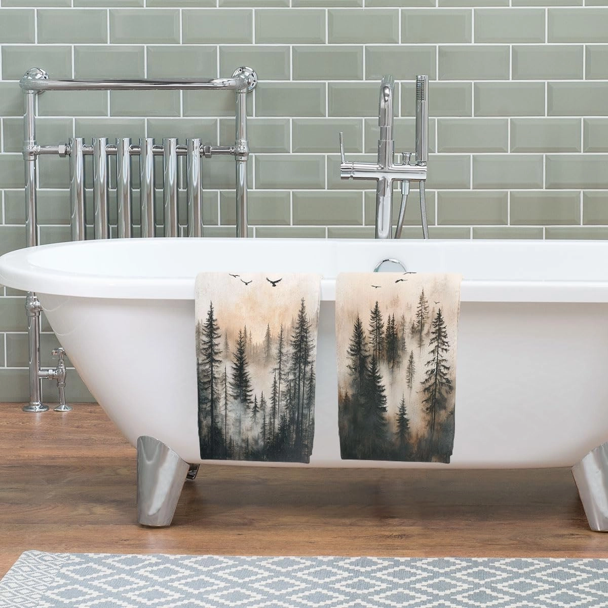 Misty Forest Hand Towels Highly Absorbent Nature Pine Trees Fog Forest Birds Decorative Hand Towels Set for Bathroom Gym Hotel Spa Bathroom Hand Towels Gifts for Women Man 14"x28"