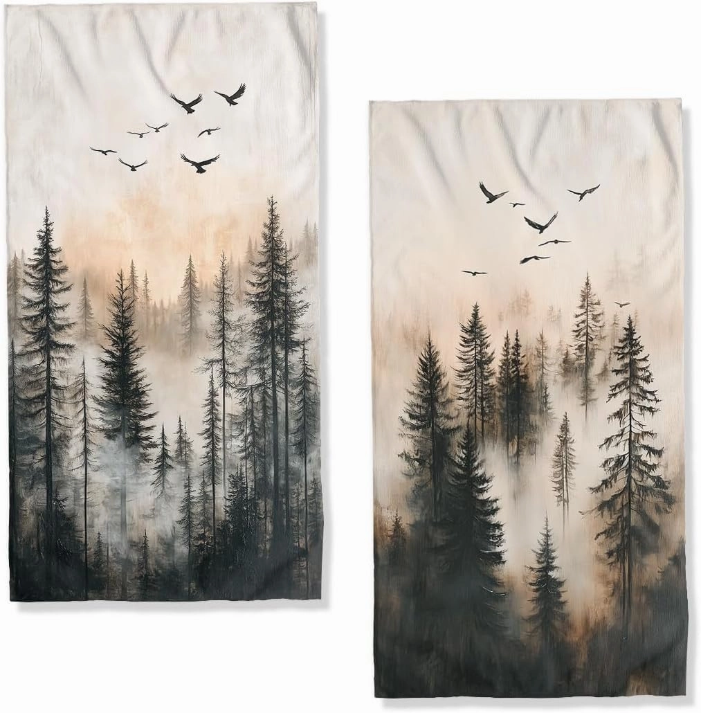 Misty Forest Hand Towels Highly Absorbent Nature Pine Trees Fog Forest Birds Decorative Hand Towels Set for Bathroom Gym Hotel Spa Bathroom Hand Towels Gifts for Women Man 14"x28"
