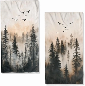 Misty Forest Hand Towels Highly Absorbent Nature Pine Trees Fog Forest Birds Decorative Hand Towels Set for Bathroom Gym Hotel Spa Bathroom Hand Towels Gifts for Women Man 14"x28"