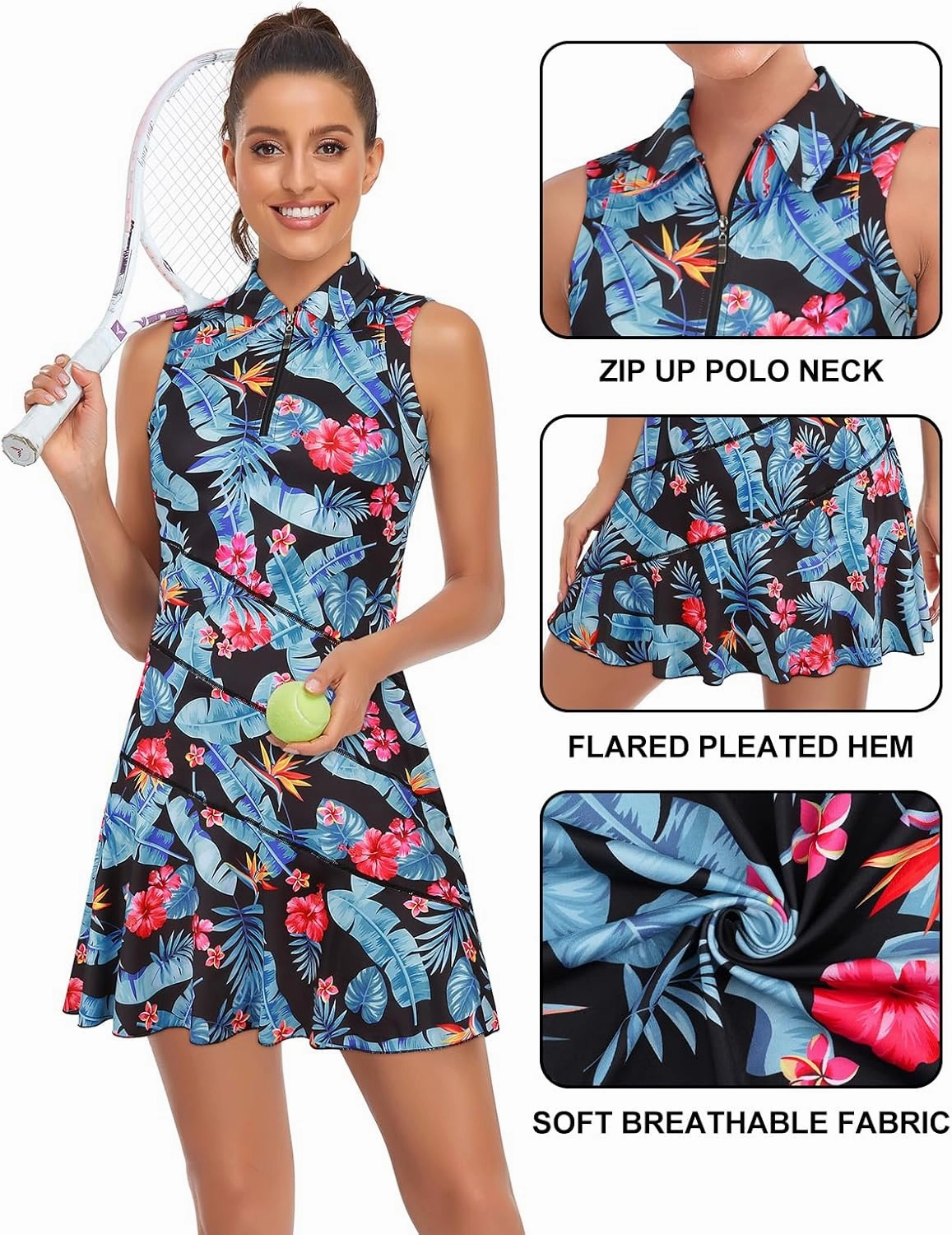 Misyula Tennis Dresses for Women,Athletic Dress with Shorts 2Pockets Zip Up Polo Sleeveless Golf Workout Dress(XS-XL)