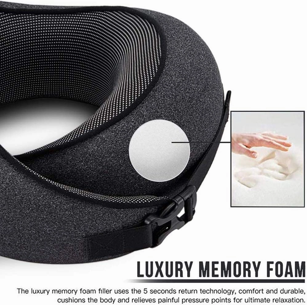 MLVOC Travel Pillow 100% Pure Memory Foam Neck Pillow, Comfortable & Breathable Cover, Machine Washable, Airplane Travel Kit with 3D Contoured Eye Masks, Earplugs, and Luxury Bag, Standard (Multi)