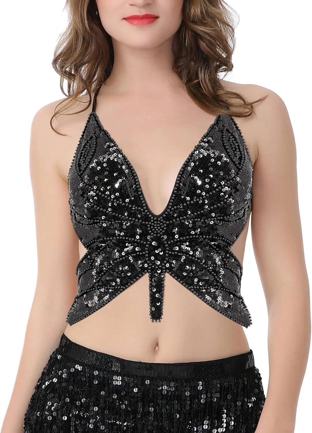 Mocure Womens Glitter Sequin Butterfly Crop Top Low-Cut Tank Top Rave Tube Vest Top for Belly Dance Costume Outfits