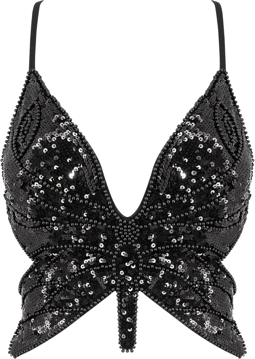 Mocure Womens Glitter Sequin Butterfly Crop Top Low-Cut Tank Top Rave Tube Vest Top for Belly Dance Costume Outfits