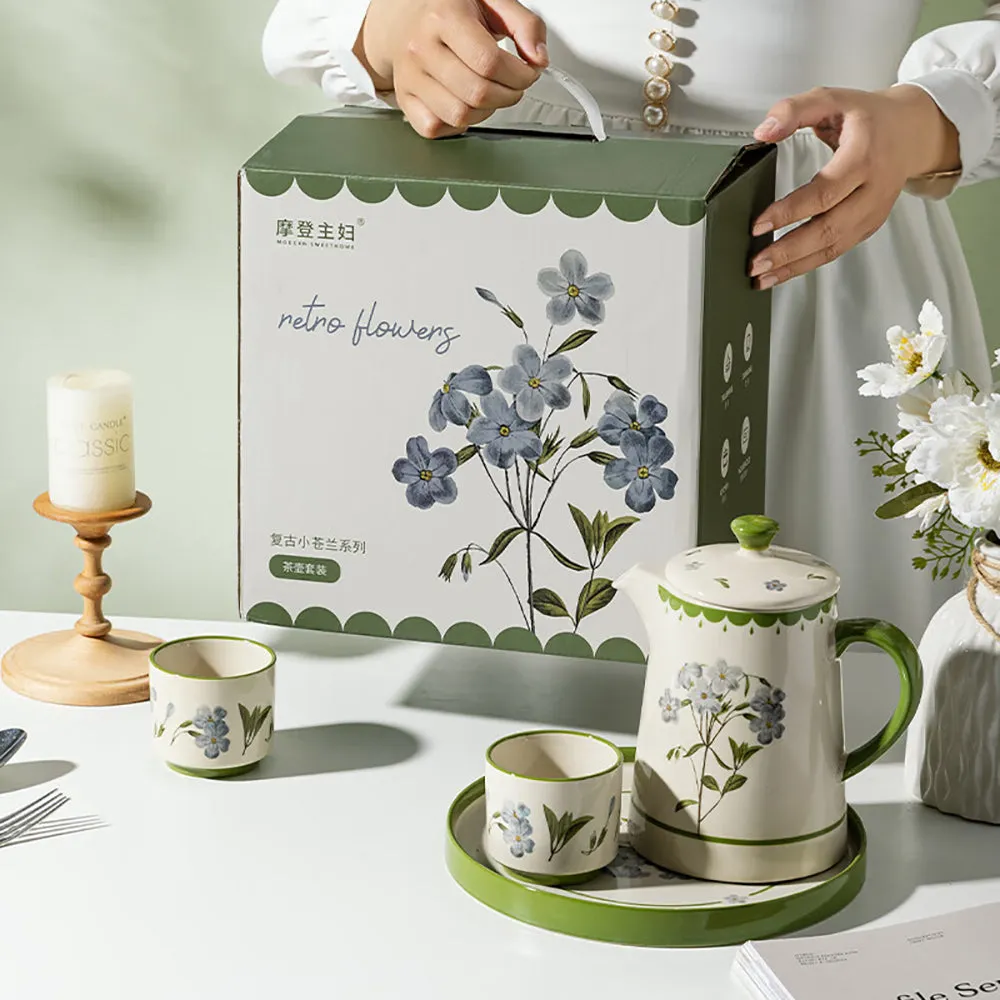 Modern SweetHome Freesia Retro Hand-Painted Teapot Set with Tray - 801ml-900ml