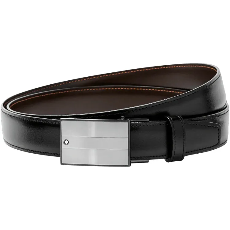 Montblanc Belt Rectangular Mat And Shiny Stainless Steel Roll Plate Buckle Black Brown