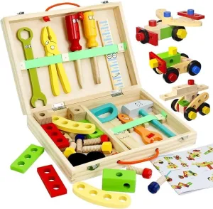 Montessori Wooden Toddler Tools Set, STEM Building Construction Toys Learning for 2 3 4 5 Years Old, Portable Tool Box for Kids, Best Christmas Birthday Gifts for Boy Girl