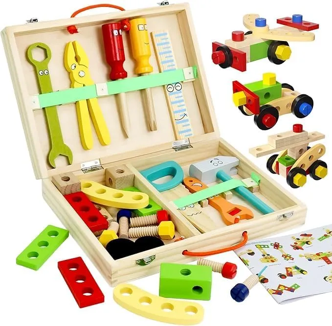 Montessori Wooden Toddler Tools Set, STEM Building Construction Toys Learning for 2 3 4 5 Years Old, Portable Tool Box for Kids, Best Christmas Birthday Gifts for Boy Girl