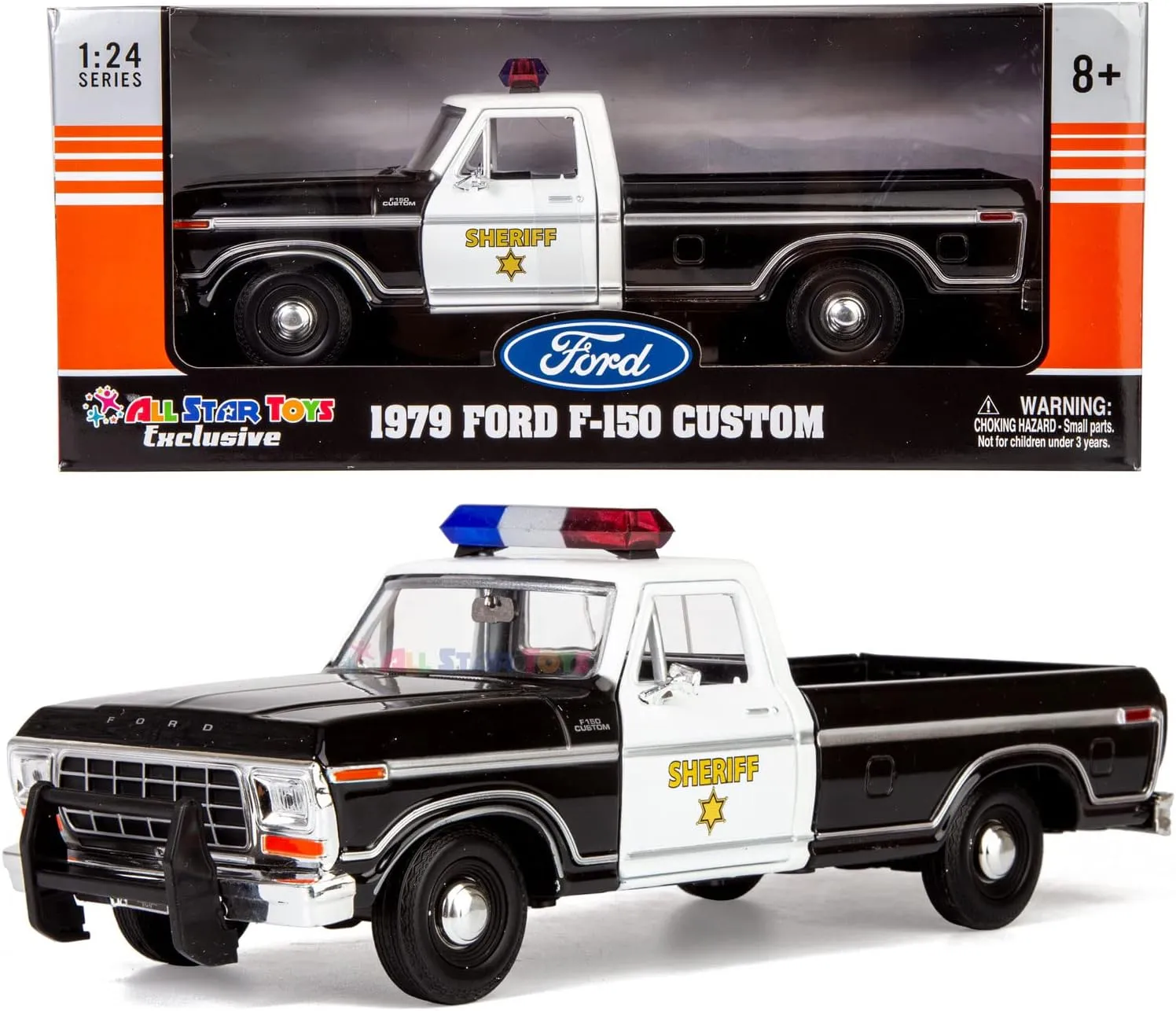 Motormax All Star Toys Exclusive 1979 Ford F-150 Sheriff Pickup Classic F150 Police Pick Up Truck 1:24 Diecast Collectible Model Car Black 76986 (Sheriff)