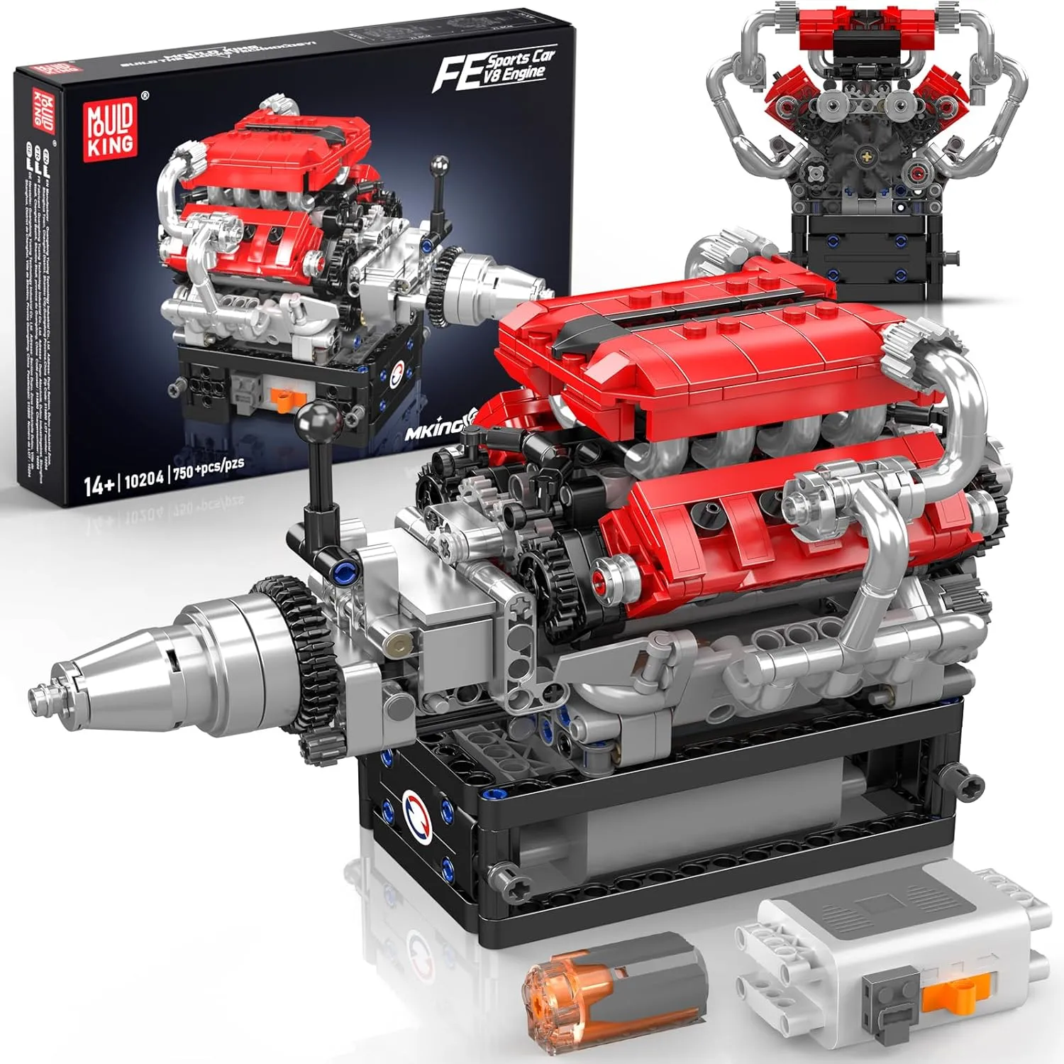 Mould King 10204 V8 Engine Model That Works, MOC Ideas Mini Transmission V8 Engine Model Toy for Display, STEM Building Project for Boys 8-14(750 PCS)
