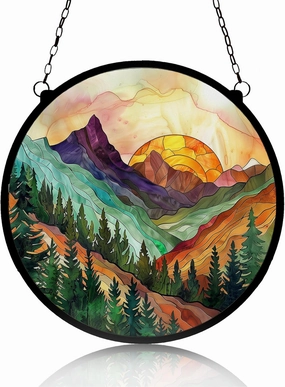 Mountain Range Stained Glass Suncatcher, Painted Art, Patio & Garden Decor, 7.8 inch