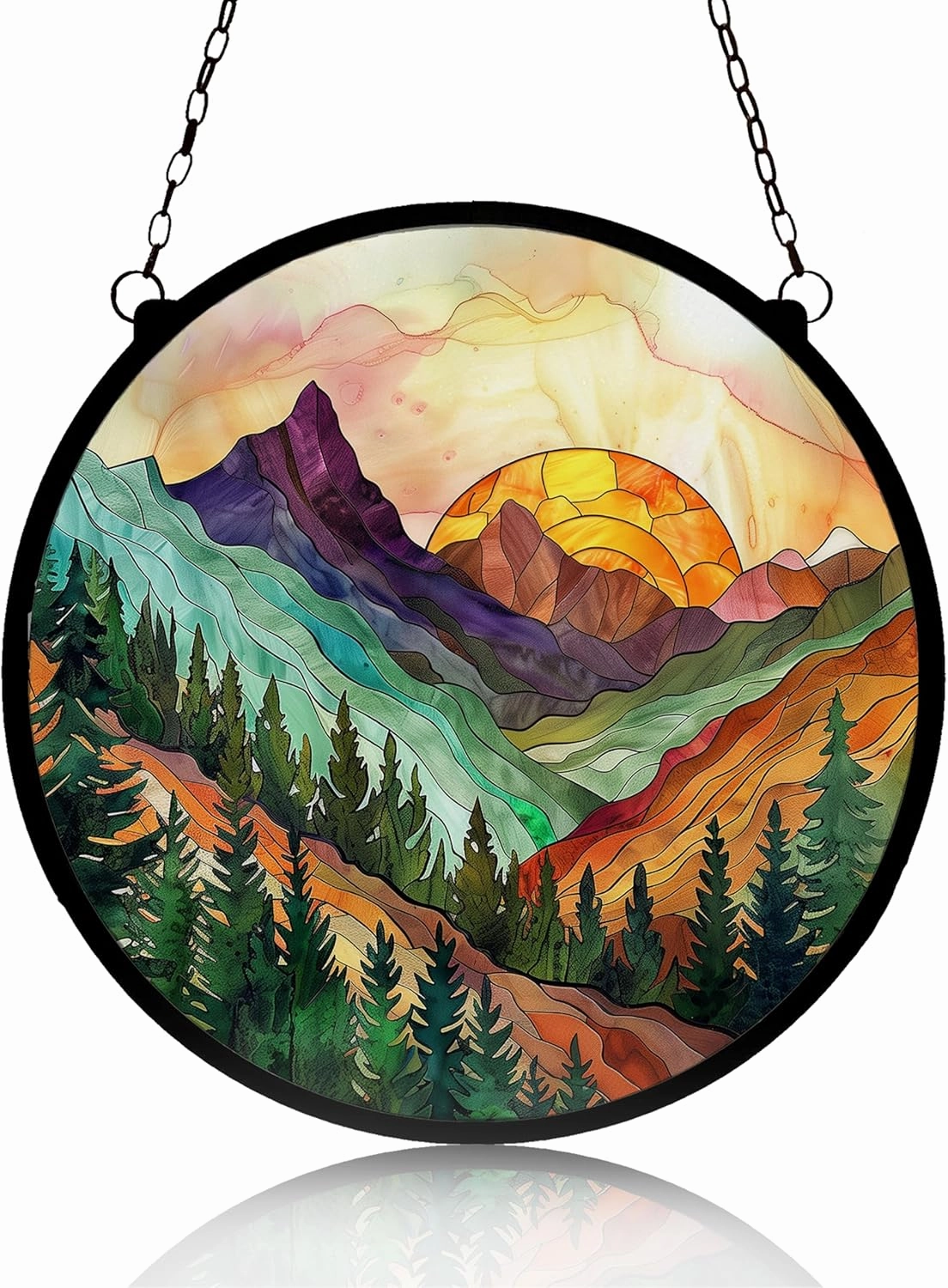 Mountain Range Stained Glass Suncatcher, Painted Art, Patio & Garden Decor, 7.8 inch