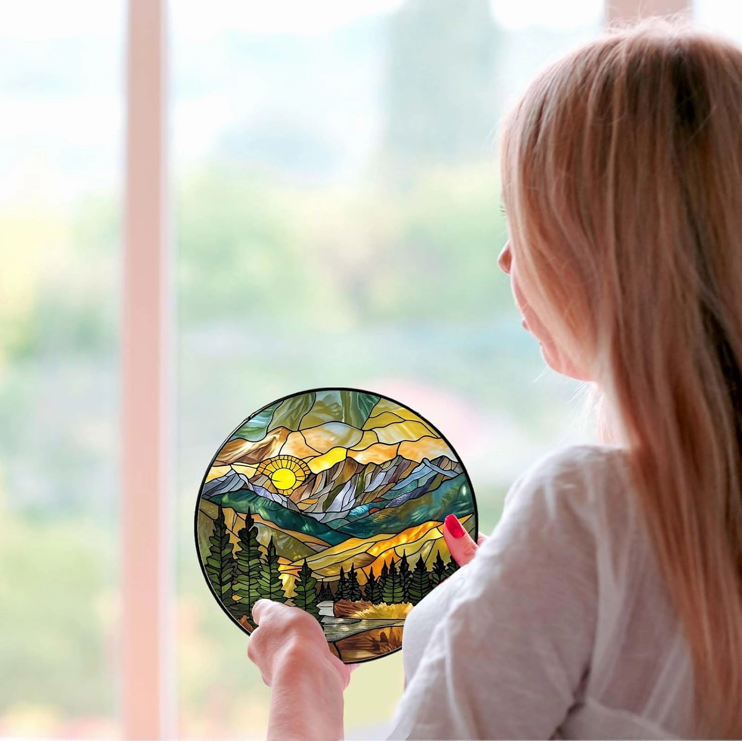 Mountain Range Sun Catcher Stained Glass Window Hanging for Women Wall DecorHandmade Sun Catcher Decoration for Garden Home Housewarming Gifts, 7.87inch